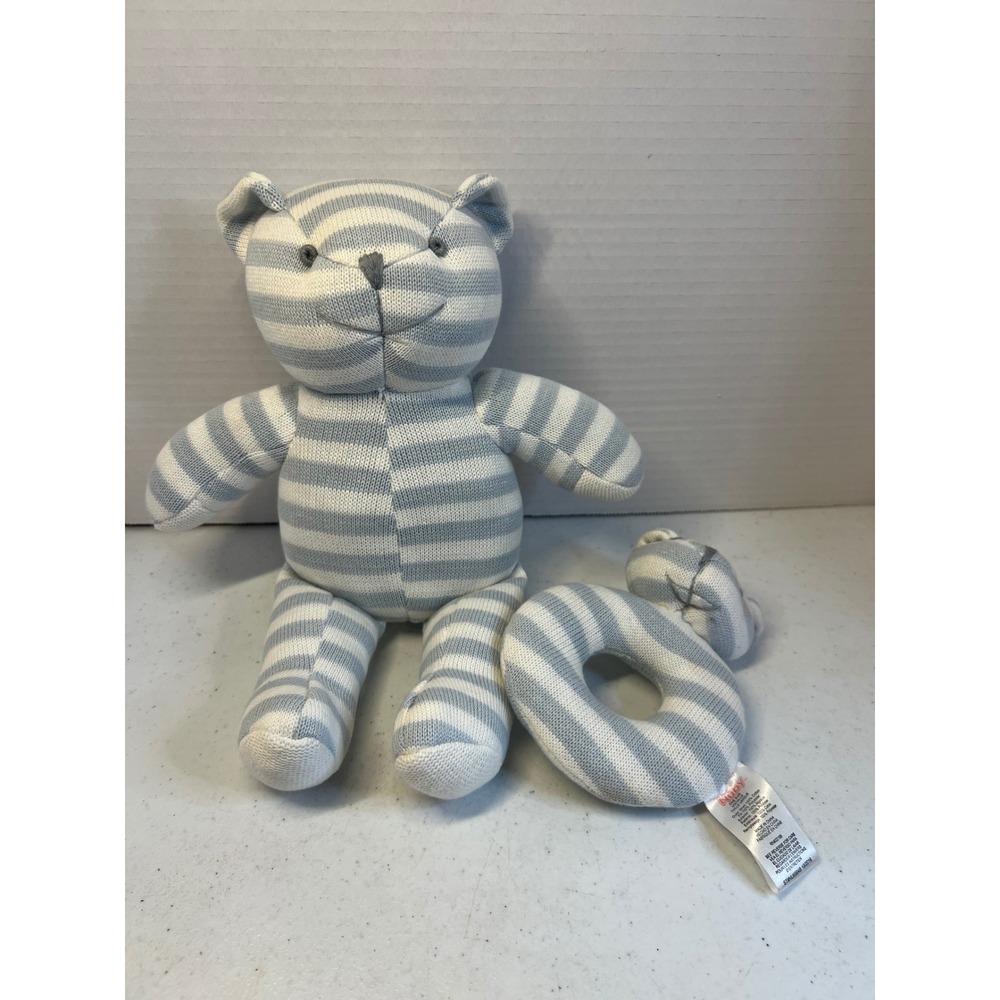 Nuby Blue White Striped Cotton Knit Teddy Bear Plush and Ring Rattle Set